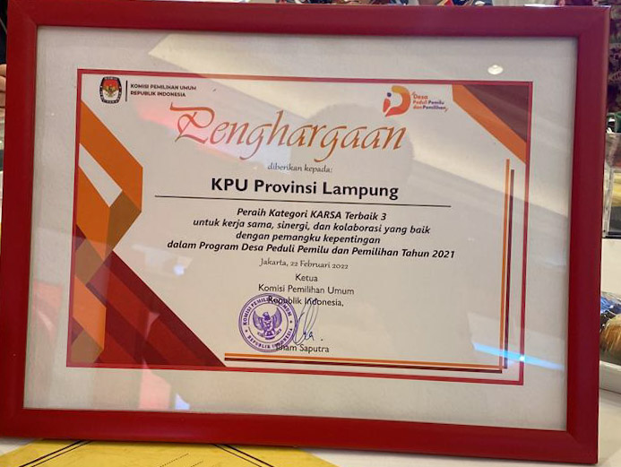 KPU Lampung Raih Penghargaan Terbaik Program DP3 KPU RI