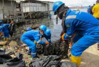 Pertamina bersama Pelindo II Panjang membersihkan limbah mirip oli yang mencemari pesisir Panjang Selatan, Panjang, Kota Bandarlampung, Kamis (10/3). Foto: Netizenku.com