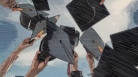 Ilustrasi Mahasiswa memegang toga. 