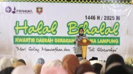 Jihan Nurlela pada acara Halal Bihalal Kwartir Daerah (Kwarda) Gerakan Pramuka Lampung di Rumah Dinas Bupati Lampung Timur, Selasa (15/4/2025).