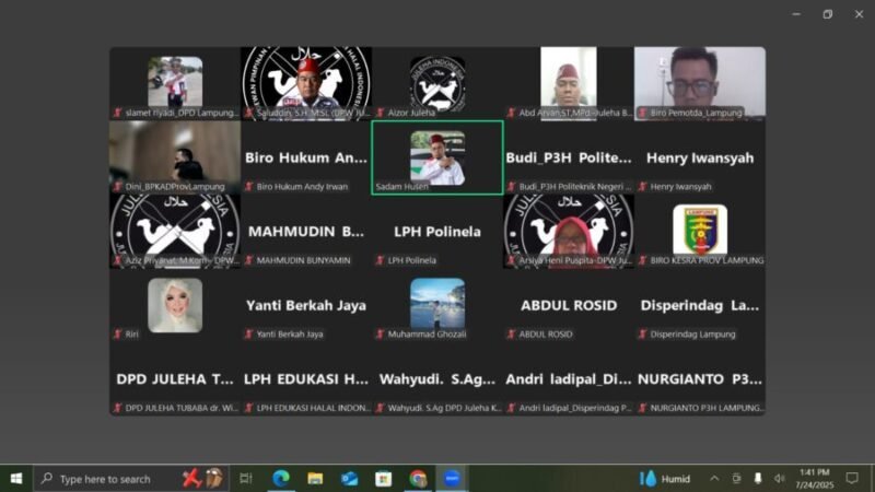Tangkapan layar daring pada acara Rapat Koordinasi Fasilitasi Sertifikat Halal & Road Show H20. (24/7/2025). Foto: DPW Provinsi Lampung.