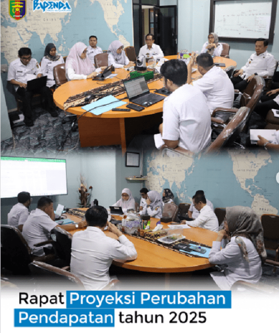 Kepala Bapenda Slamet Riadi beserja jajaran mengikuti rapat peroyeksi perubahan pendapatan Provinsi Lampung tahun 2025 di Ruang Rapat Kepala Bappeda Provinsi Lampung, Rabu (04/06/25).