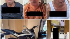 Tiga pelaku pencurian dengan kekerasan (curas) uang Rp800 juta di Tiyuh Daya Asri, Kecamatan Tumijajar, Kabupaten Tulangbawang Barat, Jumat (20/2/2026).  Foto: Arie/NK.